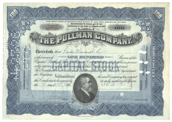 Stock certificate of The Pullman Company with blue and white design