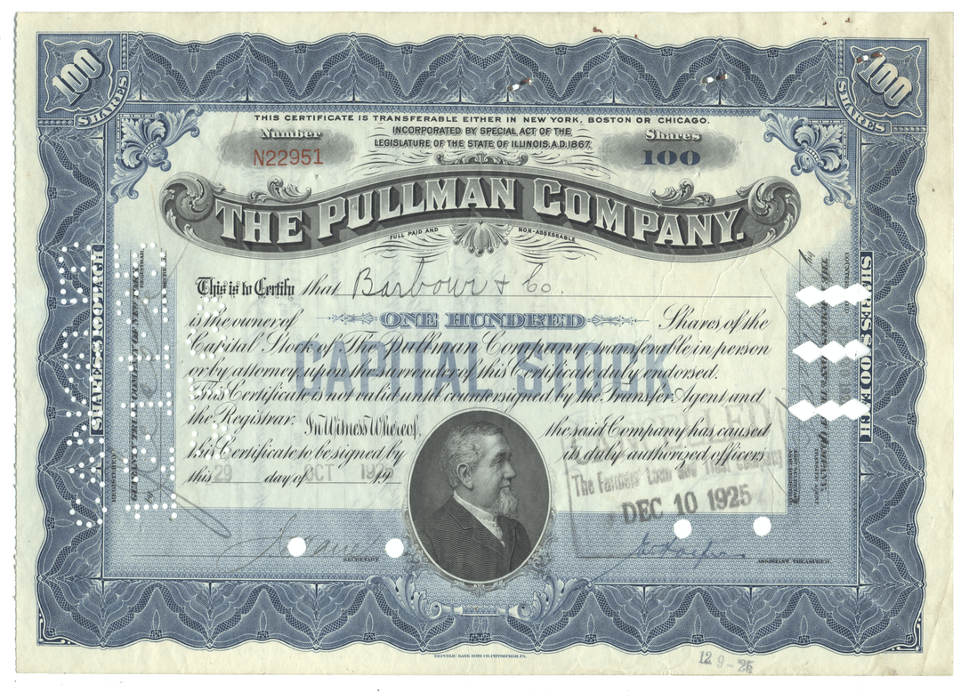 Stock certificate of The Pullman Company with decorative elements and portrait, issued in 1925.
