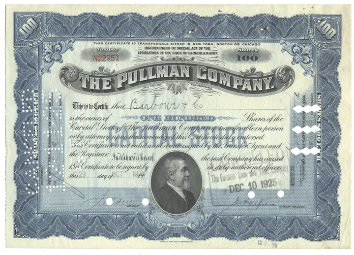 Stock certificate of The Pullman Company with decorative elements and portrait, issued in 1925.