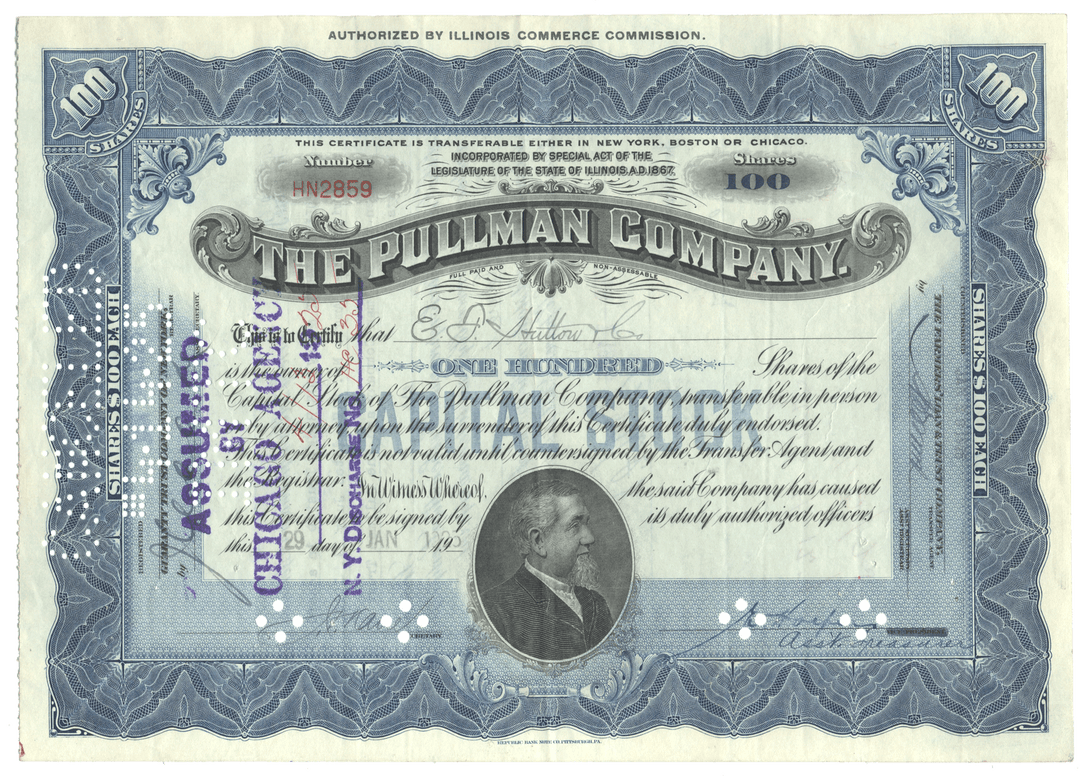 Stock certificate of The Pullman Company with decorative elements and portrait.