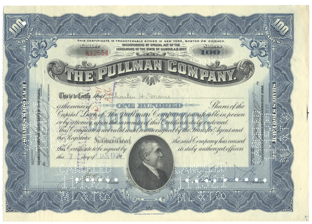 Stock certificate of The Pullman Company with decorative border and portrait.