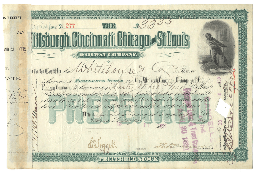 Vintage stock certificate for the Pittsburgh, Cincinnati, Chicago and St. Louis Railway Company from 1891