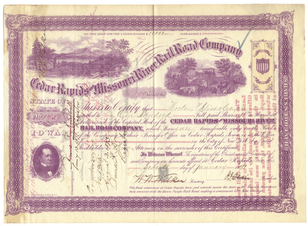 Cedar Rapids and Missouri River Rail Road Company Stock Certificate Signed by John Insley Blair