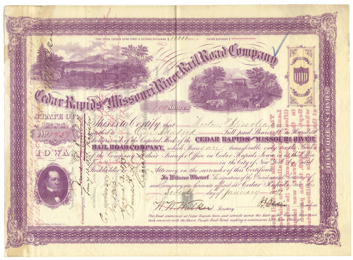 Cedar Rapids and Missouri River Rail Road Company Stock Certificate Signed by John Insley Blair