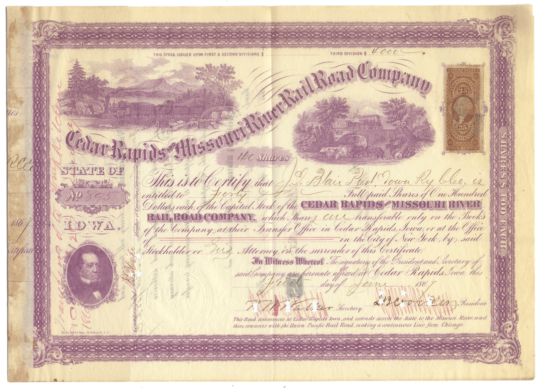 An antique stock certificate for the Cedar Rapids and Missouri River Rail Road Company, dated 1867