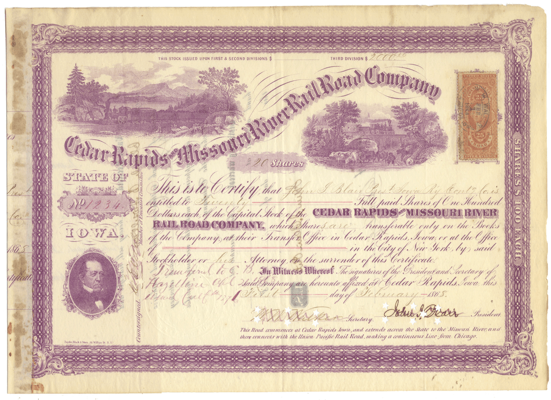 Cedar Rapids and Missouri River Rail Road Company Stock Certificate Signed by John Insley Blair