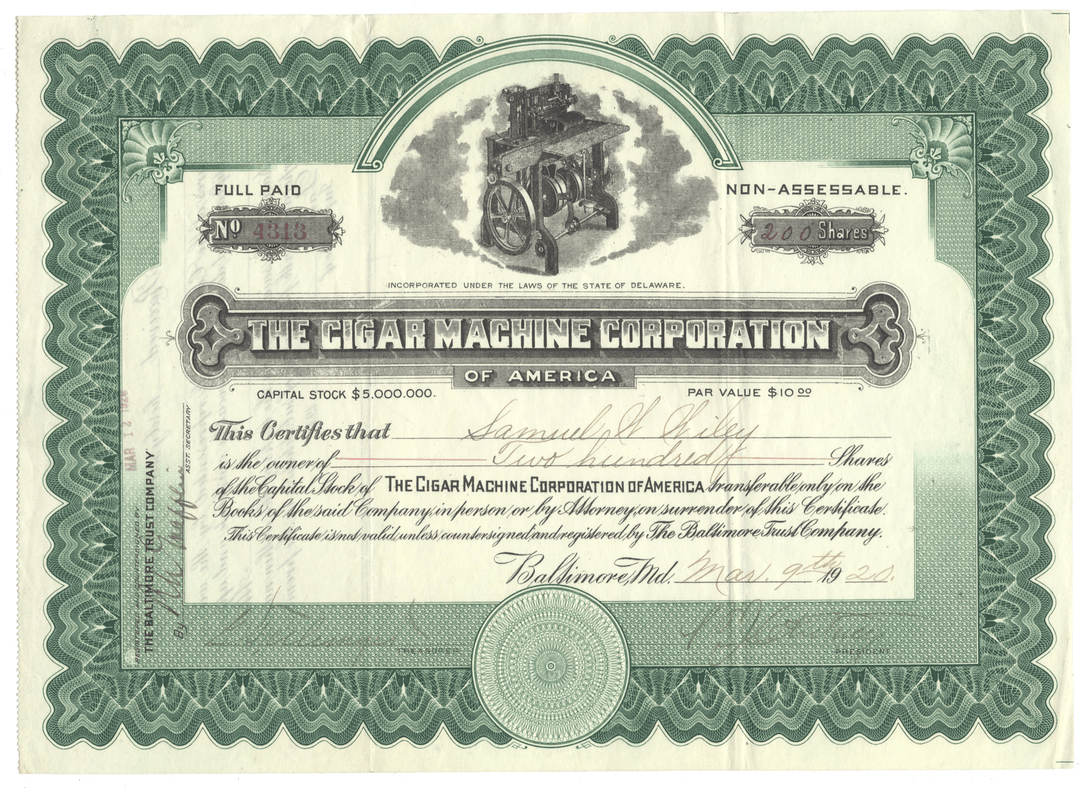 Stock certificate of The Cigar Machine Corporation of America with decorative elements and text from 1920