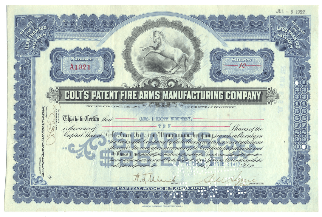 Colt's Patent Fire Arms Manufacturing Company stock certificate