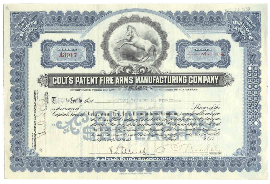Colt's Patent Fire Arms Manufacturing Company stock certificate with decorative elements.