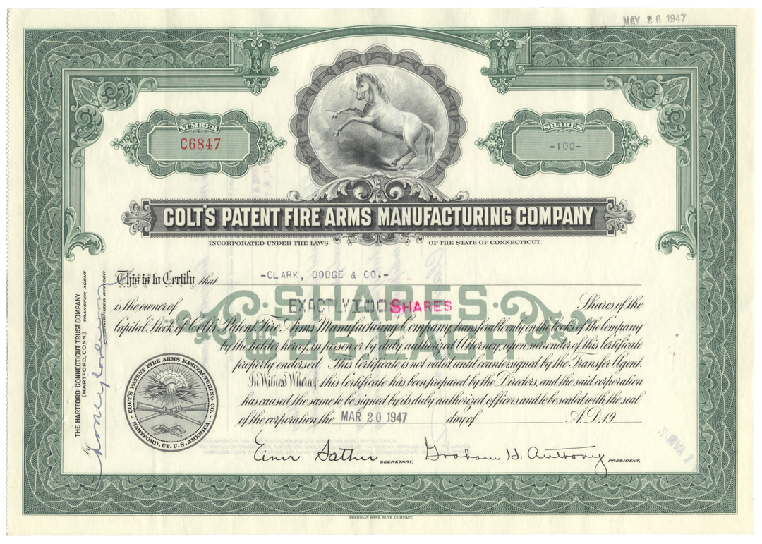 Colt's Patent Fire Arms Manufacturing Company Stock Certificate