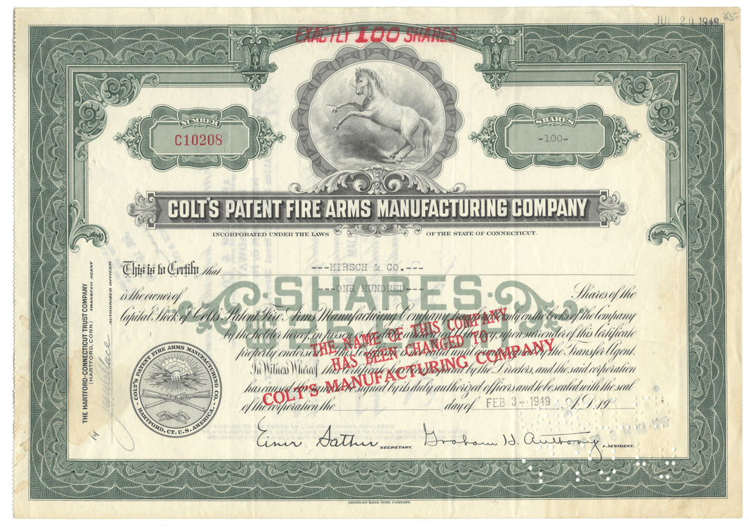 Colt's Patent Fire Arms Manufacturing Company stock certificate