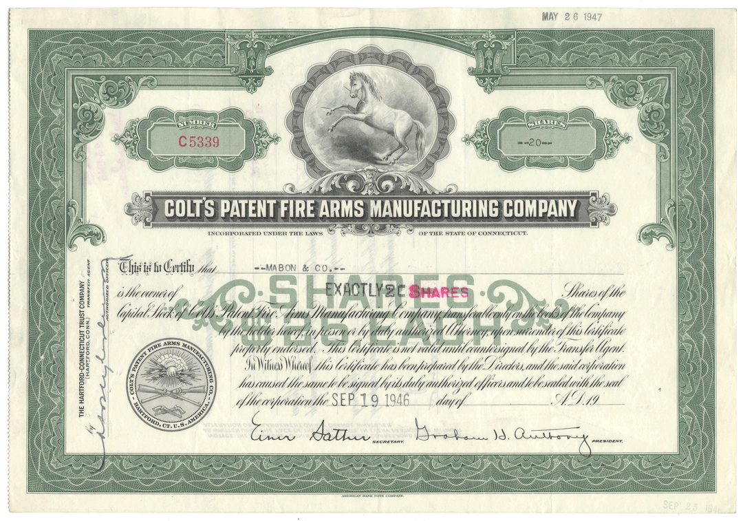 Colt's Patent Fire Arms Manufacturing Company stock certificate from 1946