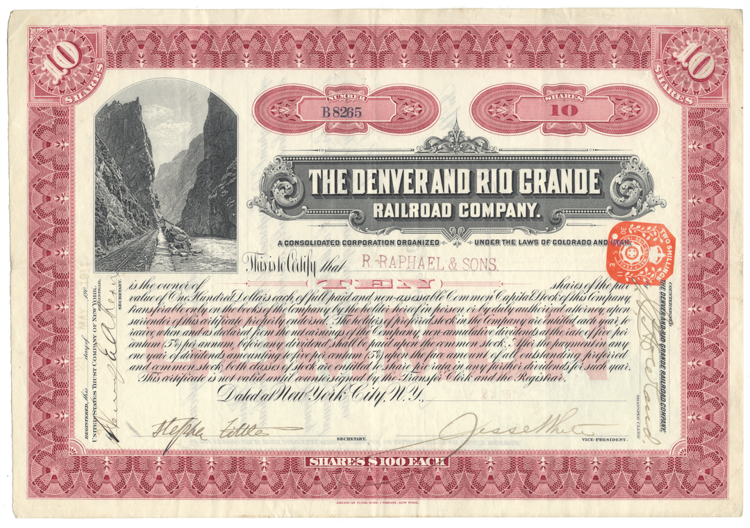 Vintage stock certificate of the Denver and Rio Grande Railroad Company (Royal Gorge)