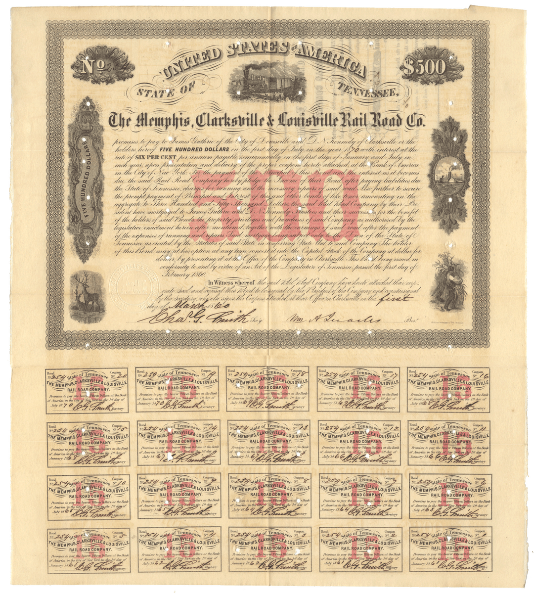 Vintage bond certificate for the Memphis, Clarksville & Louisville Rail Road Co. from 1860