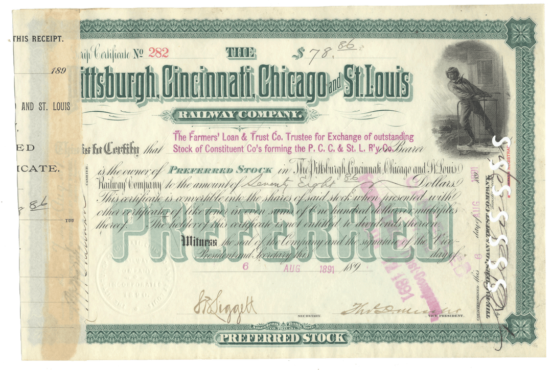 Vintage stock certificate from the Pittsburgh, Cincinnati, Chicago and St. Louis Railway Company from 1891