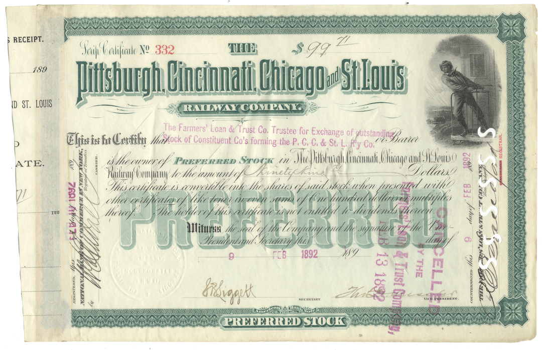 A vintage Pittsburgh, Cincinnati, Chicago and St. Louis Railway Company preferred stock certificate from 1892