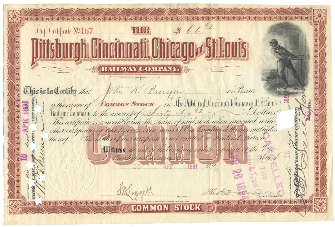 Pittsburgh, Cincinnati, Chicago and St. Louis Railway Company Stock Certificate