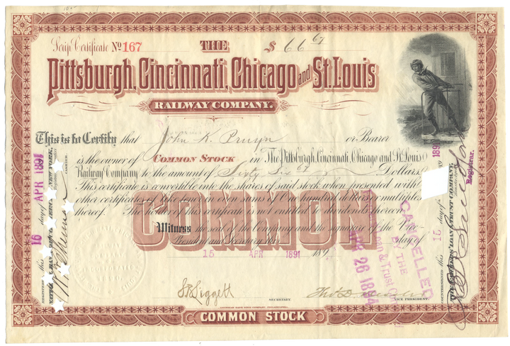 Pittsburgh, Cincinnati, Chicago and St. Louis Railway Company Stock Certificate