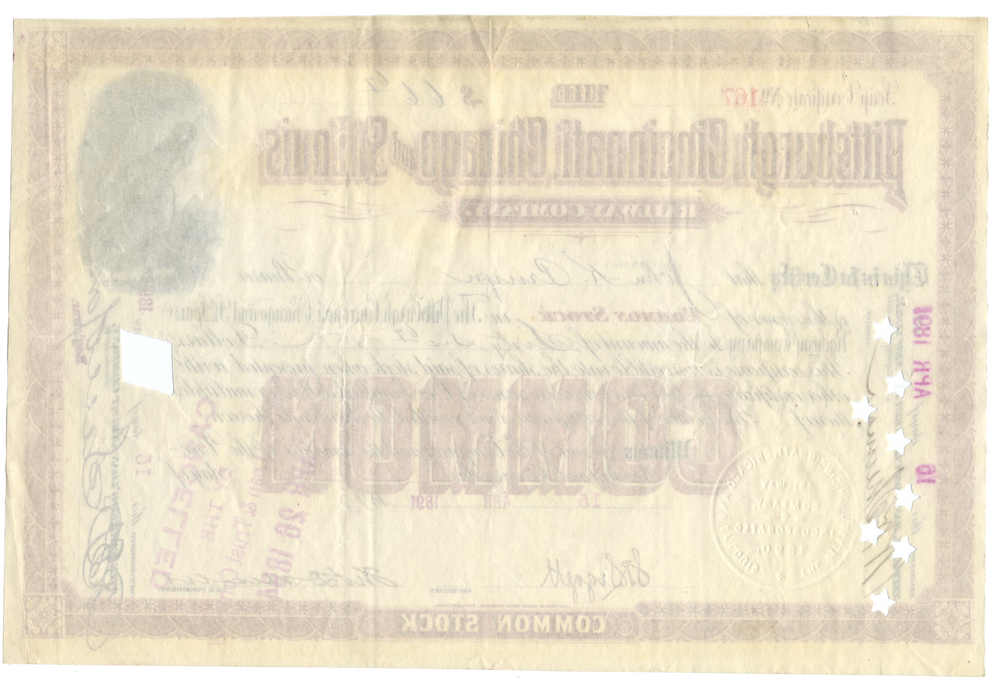 Pittsburgh, Cincinnati, Chicago and St. Louis Railway Company Stock Certificate