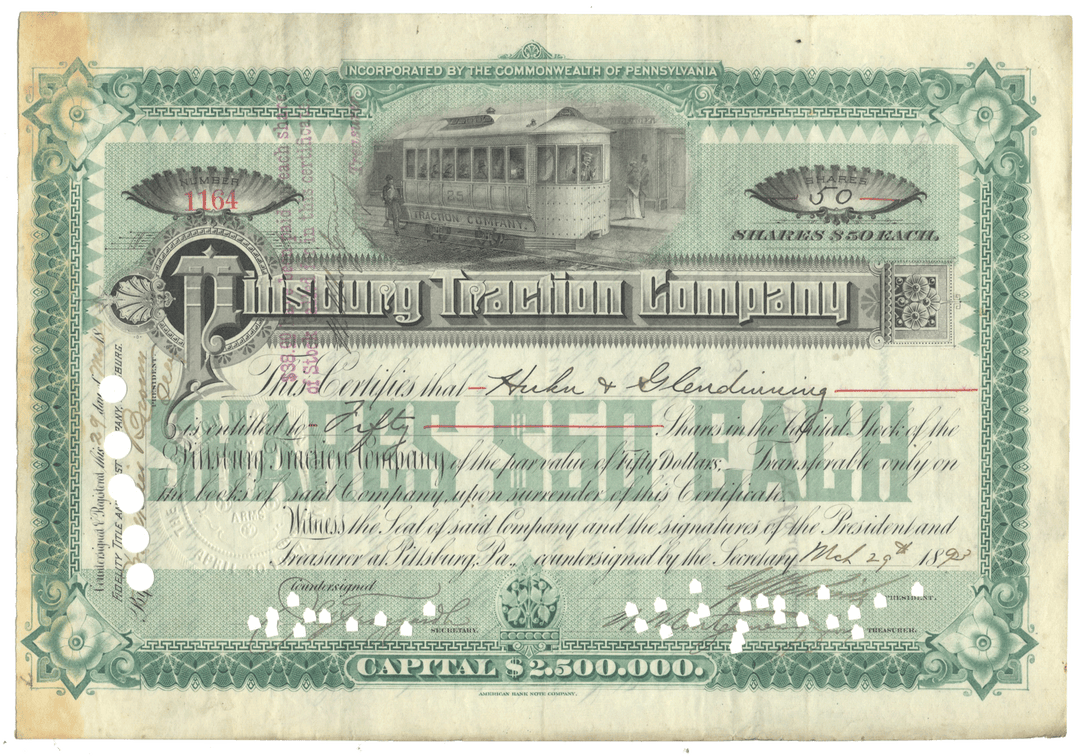 Historical stock certificate for the Pittsburg Traction Company with a tram illustration from 1893