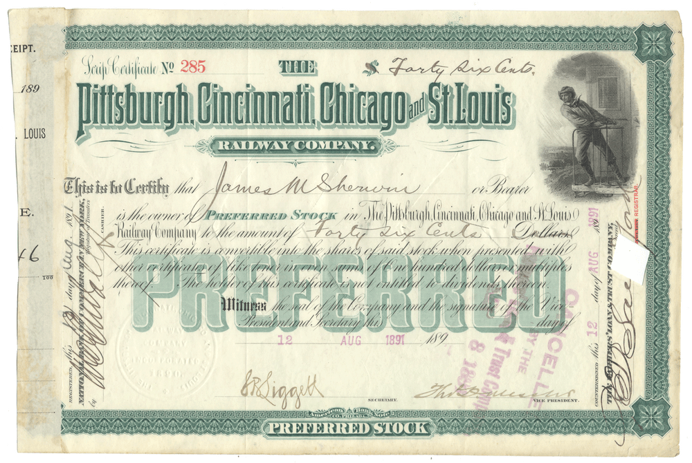 Vintage stock certificate from the Pittsburgh, Cincinnati, Chicago and St. Louis Railway Company