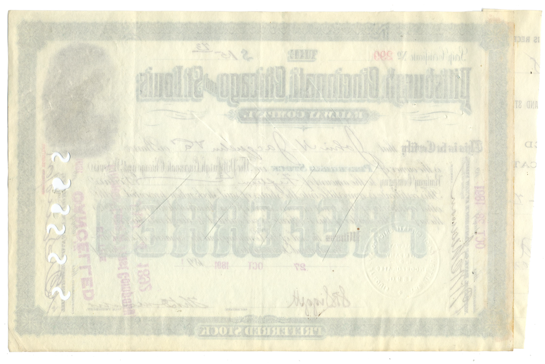 Pittsburgh, Cincinnati, Chicago and St. Louis Railway Company Stock Certificate