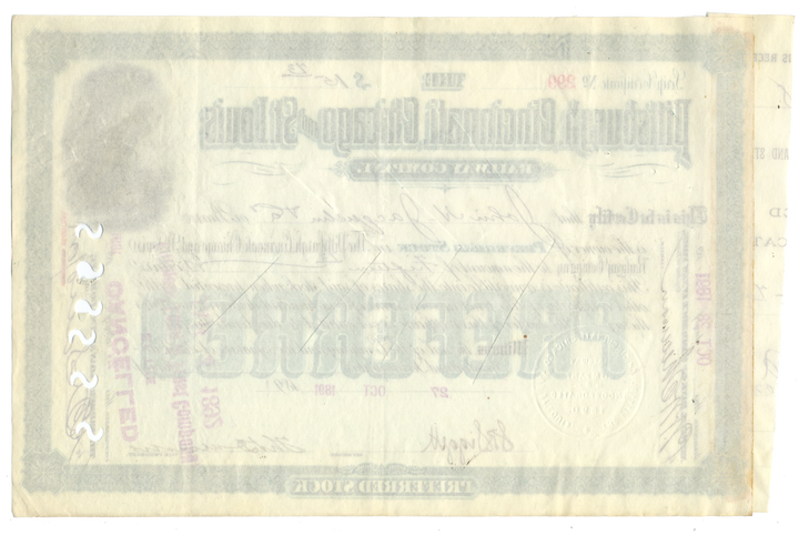 Pittsburgh, Cincinnati, Chicago and St. Louis Railway Company Stock Certificate