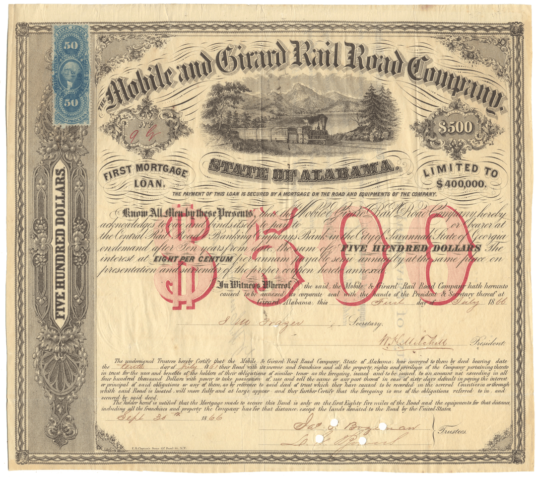 Historical bond certificate for Mobile and Girard Rail Road Company with scenic illustration from 1866