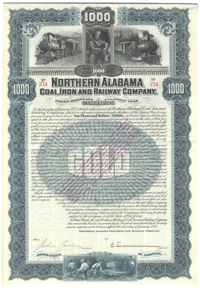 Northern Alabama Coal, Iron and Railway Company Bond Certificate
