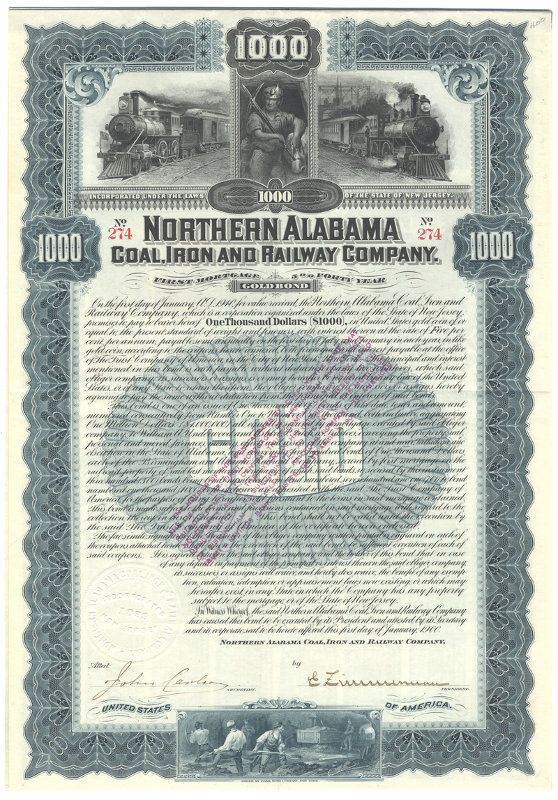 Northern Alabama Coal, Iron and Railway Company Bond Certificate