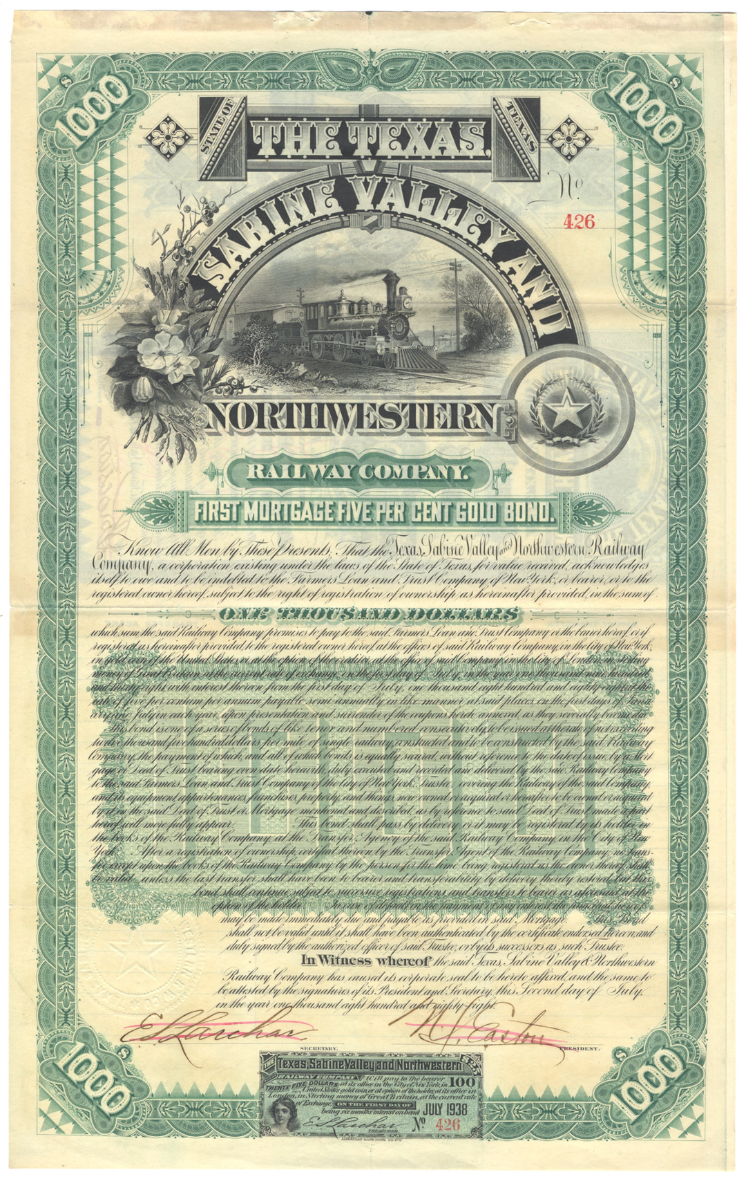 Texas, Sabine Valley and Northwestern Railway Company Bond Certificate