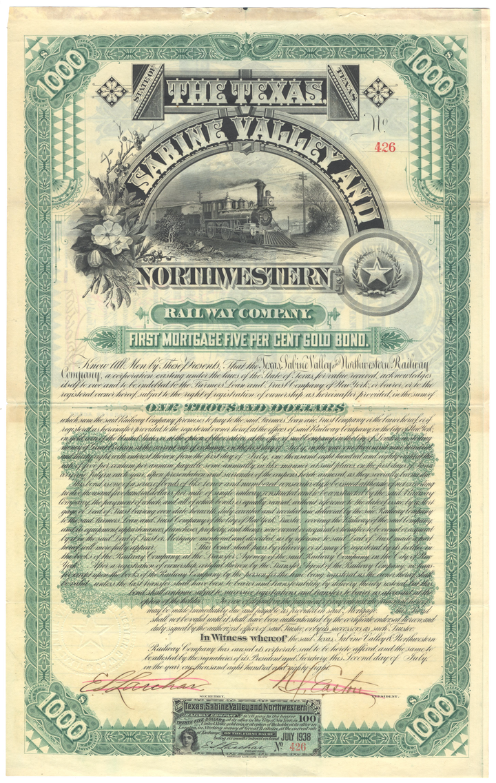 Texas, Sabine Valley and Northwestern Railway Company Bond Certificate