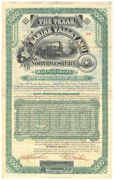 Texas, Sabine Valley and Northwestern Railway Company Bond Certificate