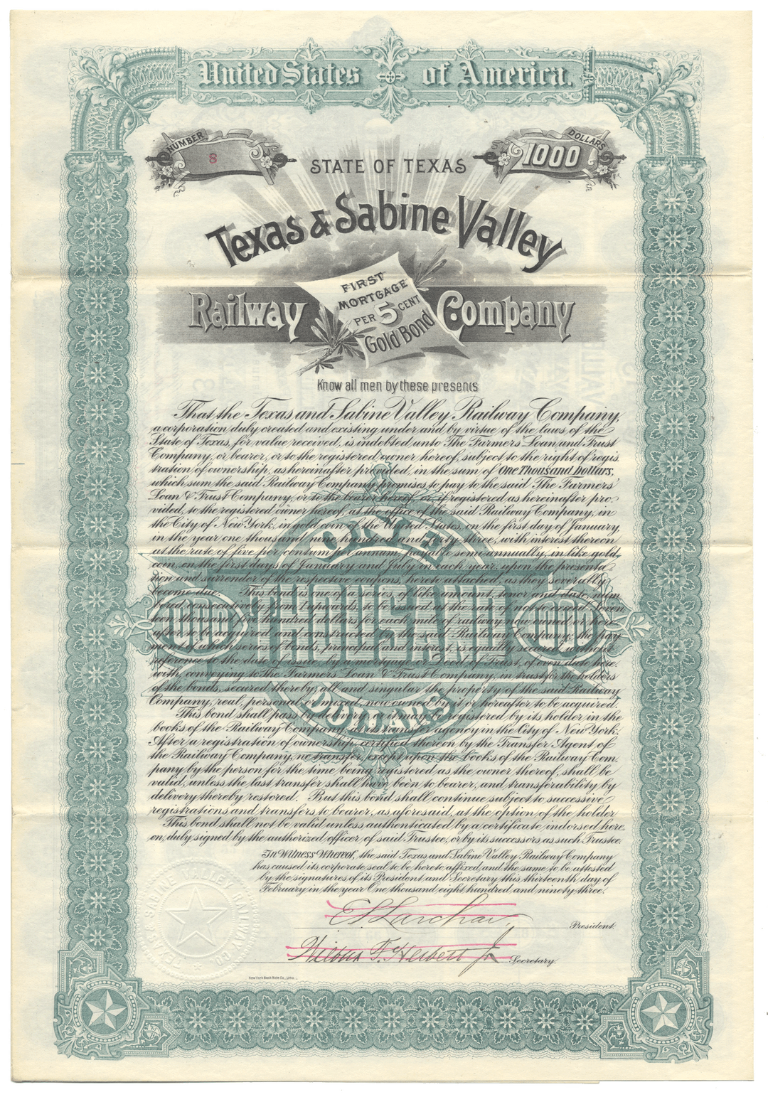Vintage bond certificate for Texas & Sabine Valley Railway Company from 1893