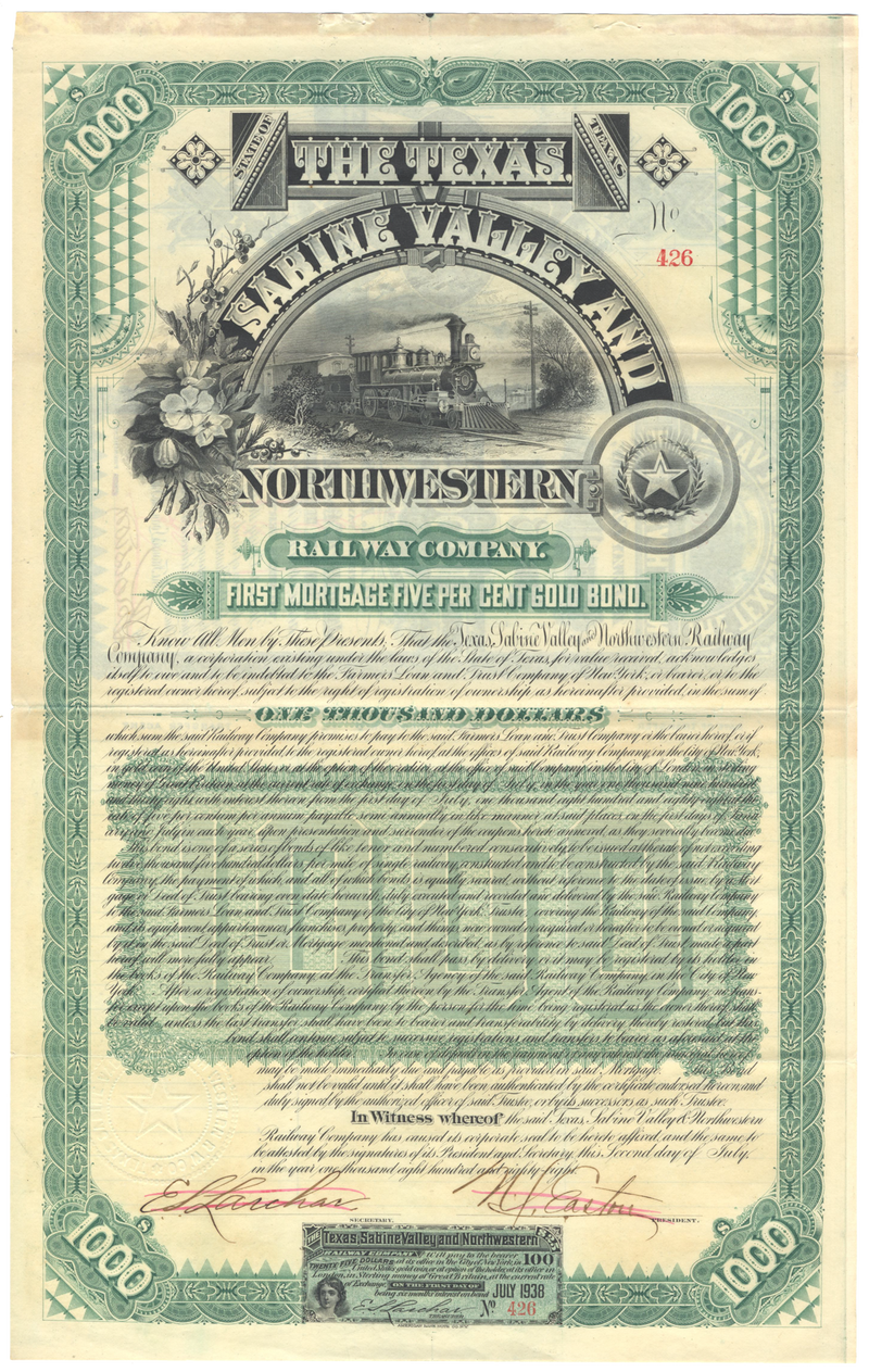 Texas, Sabine Valley and Northwestern Railway Company Bond Certificate