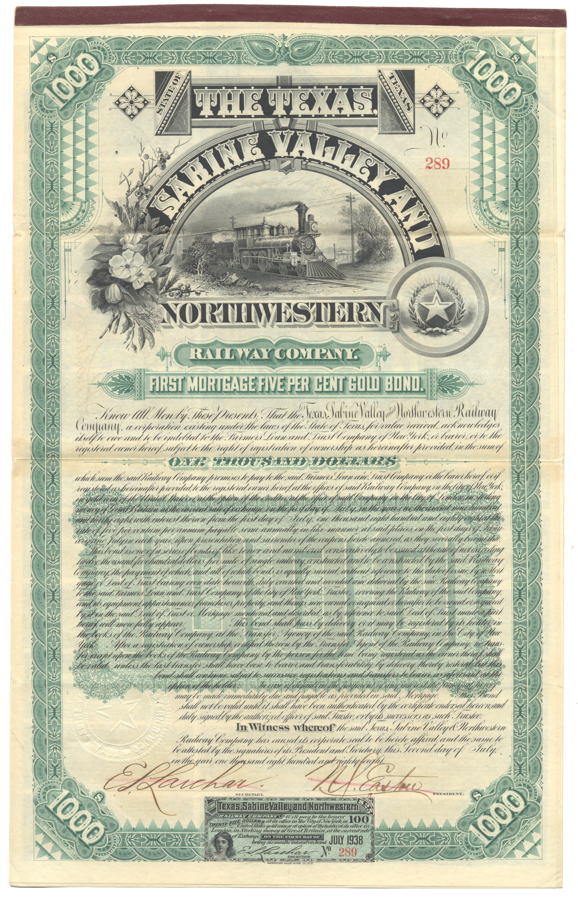 Vintage bond certificate for The Texas, Sabine Valley & Northwestern Railroad Company from 1888