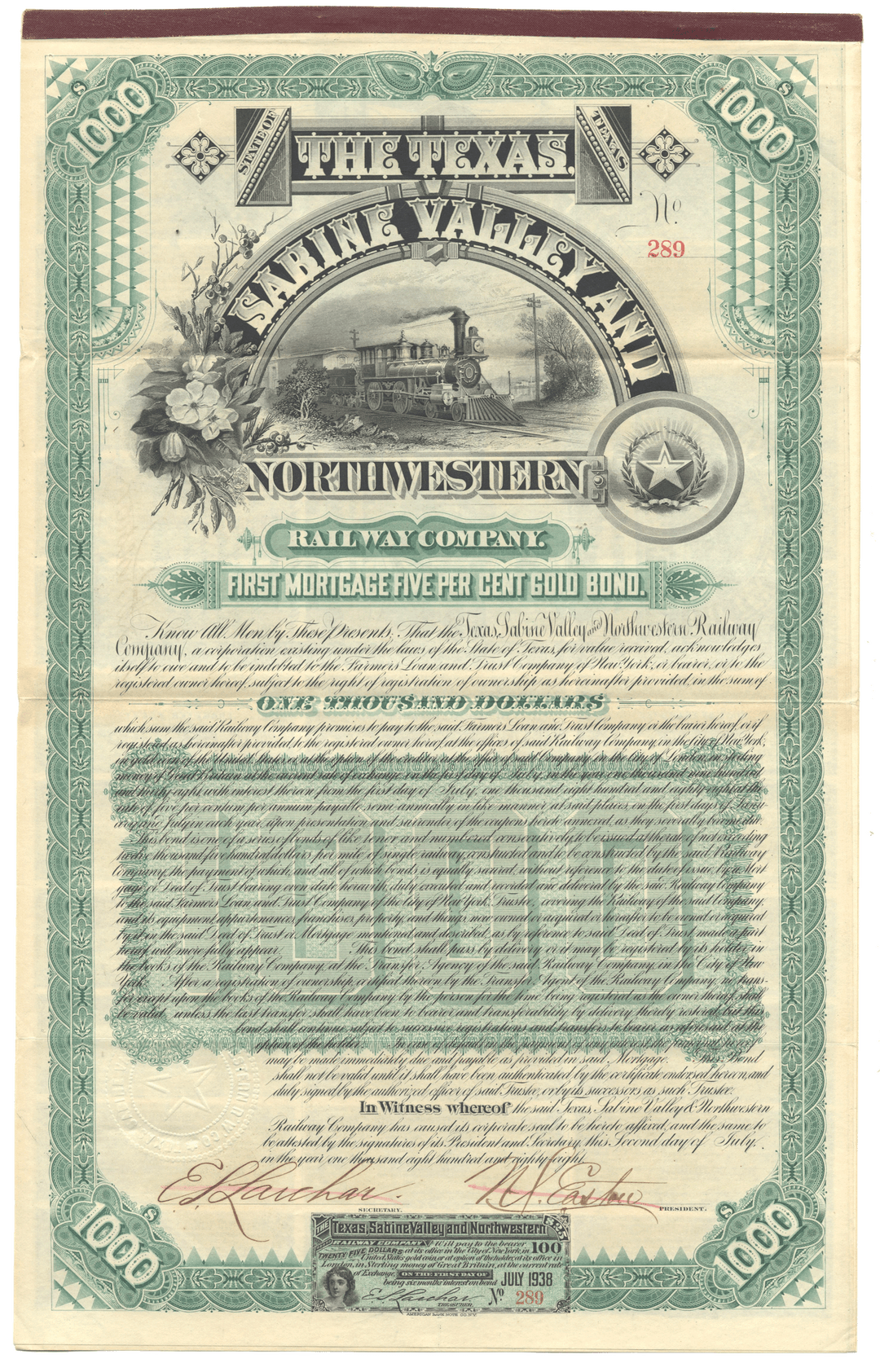 Vintage bond certificate for The Texas, Sabine Valley & Northwestern Railroad Company from 1888