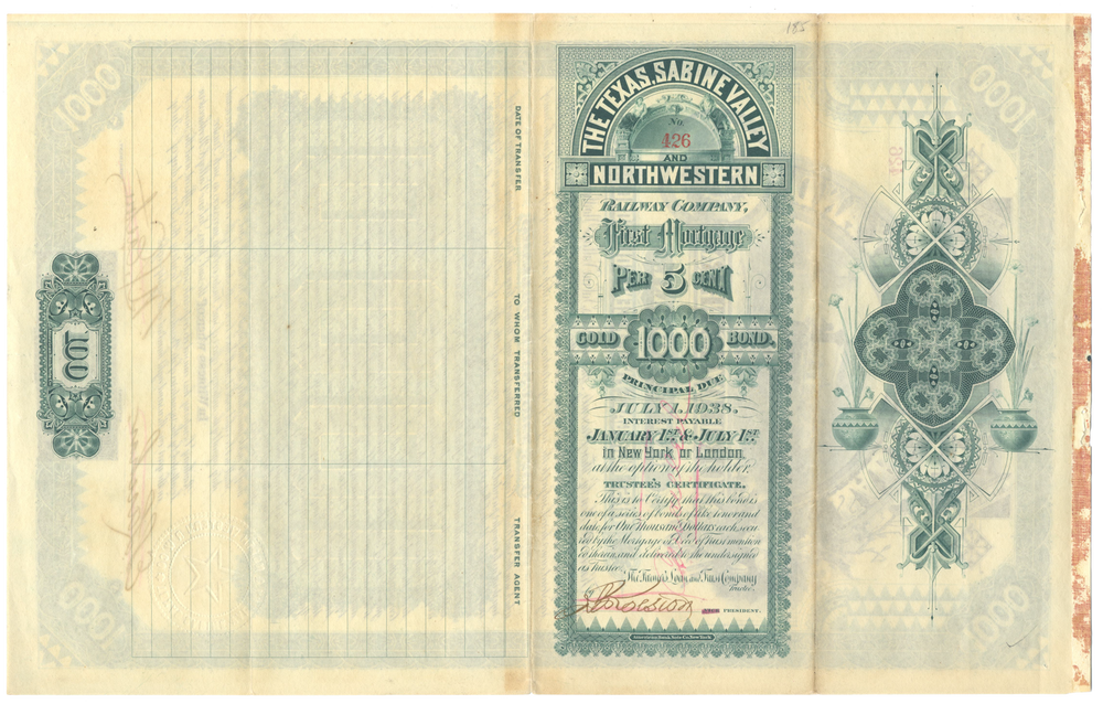 Texas, Sabine Valley and Northwestern Railway Company Bond Certificate