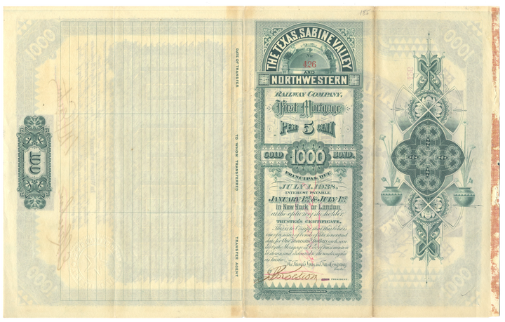 Texas, Sabine Valley and Northwestern Railway Company Bond Certificate