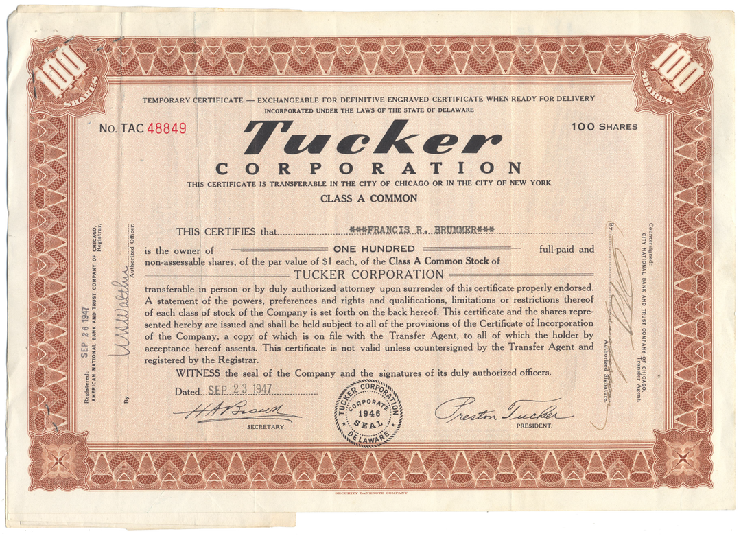 Tucker Corporation Stock Certificate