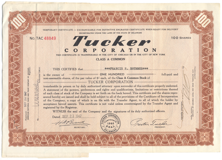 Tucker Corporation Stock Certificate