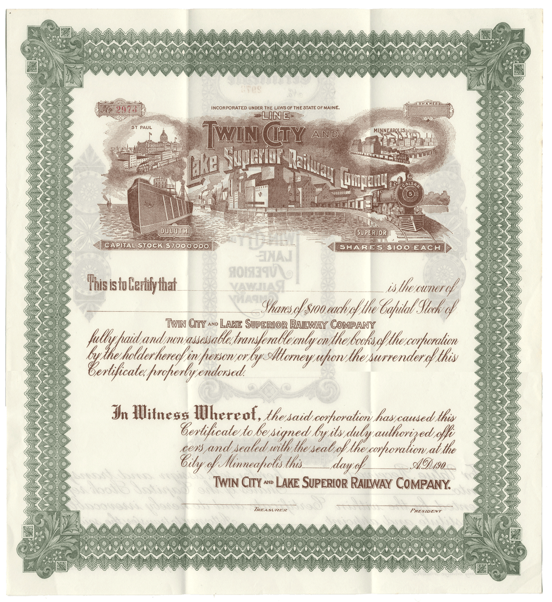 Stock certificate for Twin City Lake Superior Railway Company with decorative elements