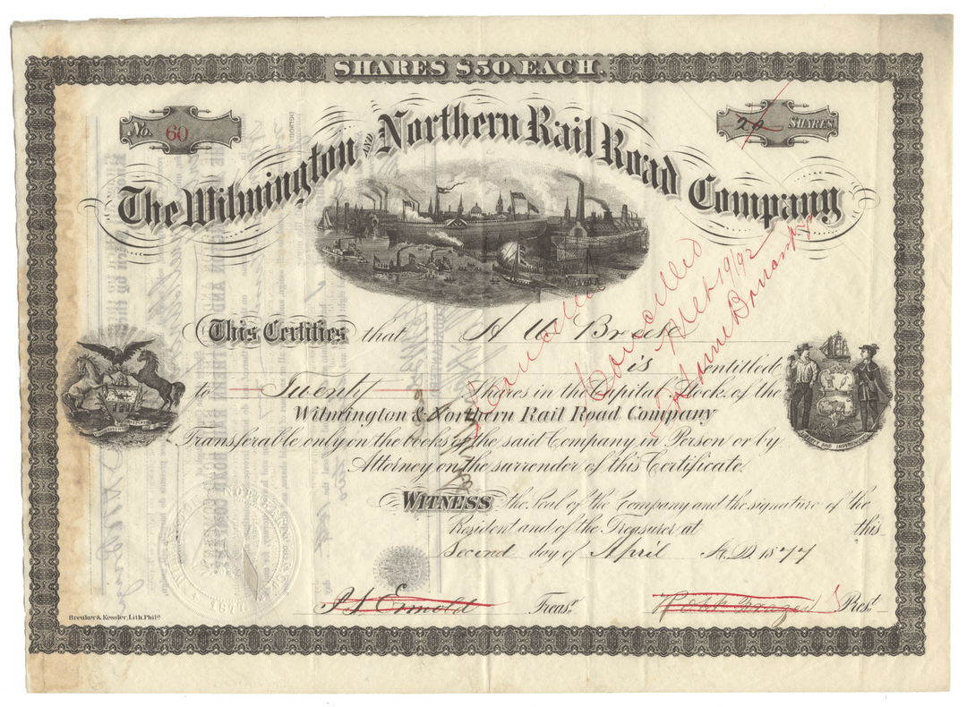 Vintage stock certificate of the Wilmington and Northern Railroad Company with decorative elements.