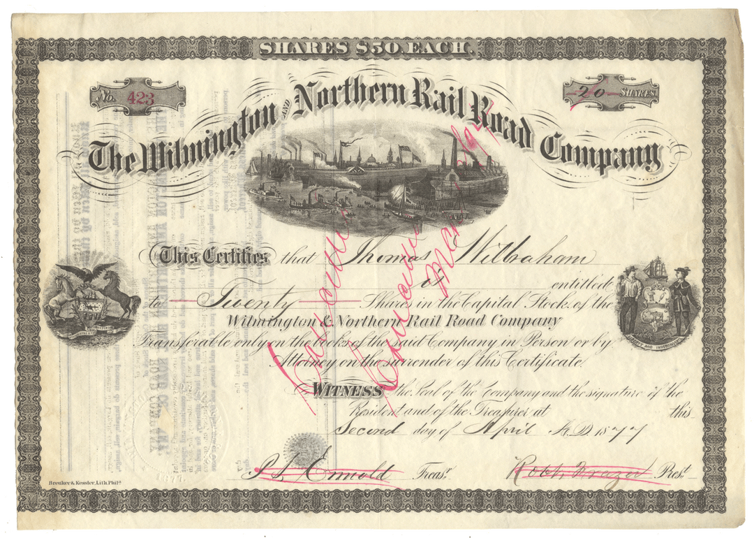 Stock certificate of the Wilmington & Northern Railroad Company dated 1877