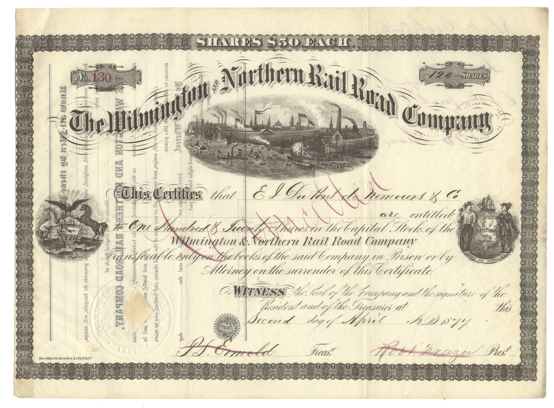 Wilmington & Northern Railroad Company stock certificate from 1877