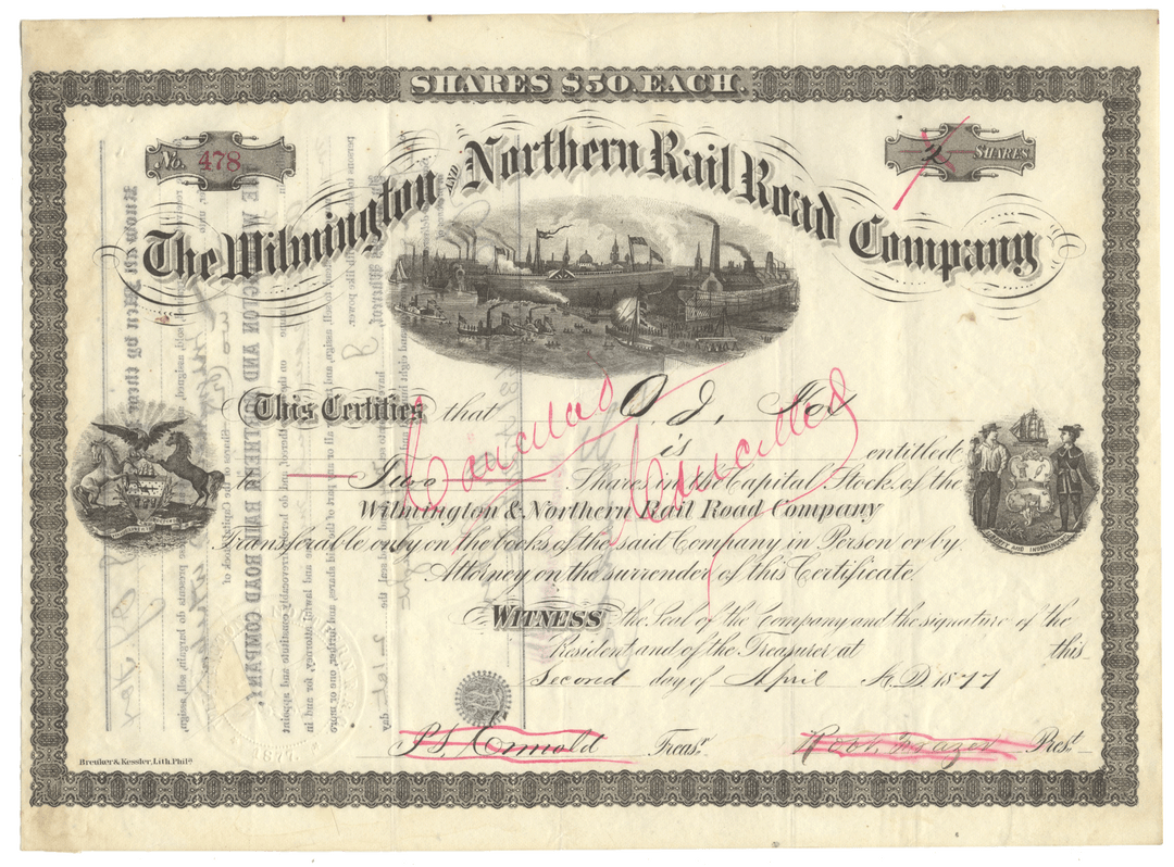 An antique stock certificate from The Wilmington Northern Rail Road Company, dated 1877.