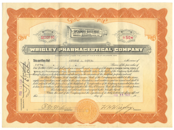 Wrigley Pharmaceutical Co. Stock Certificate Signed by W. W. Wrigley