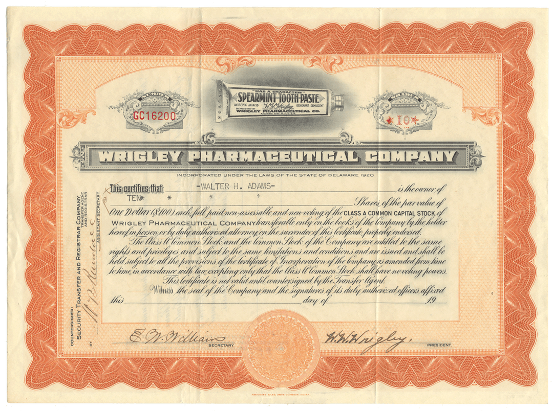 Wrigley Pharmaceutical Company Stock Certificate Signed by W. W. Wrigley