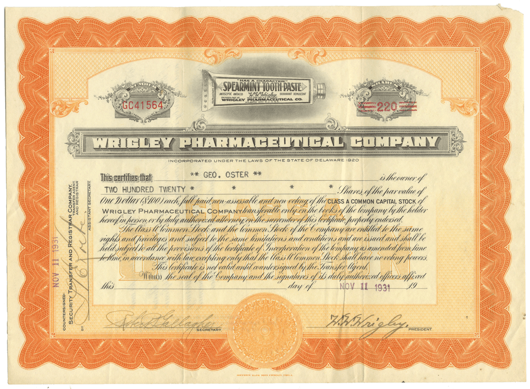 Wrigley Pharmaceutical Company stock certificate Signed by W. W. Wrigley