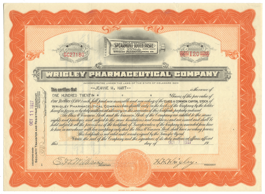 Wrigley Pharmaceutical Company  Stock Certificate Signed by W. W. Wrigley
